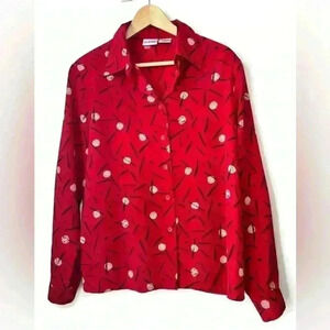Vintage Liz  Baker Red and Black Polka Dot Button Up Blouse Retro Eclectic 14